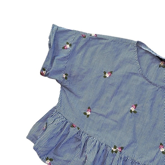 Zara Blue Striped Floral Embroidered Short Sleeve Blouse US M - Picture 3 of 9